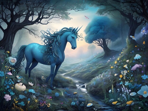 Portrait d'un cheval de tir Percheron blanc sur un fond forestier bleu a été généré