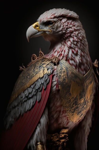 Portrait d'un chevalier aigle portant une armure noire et rouge généré par l'IA
