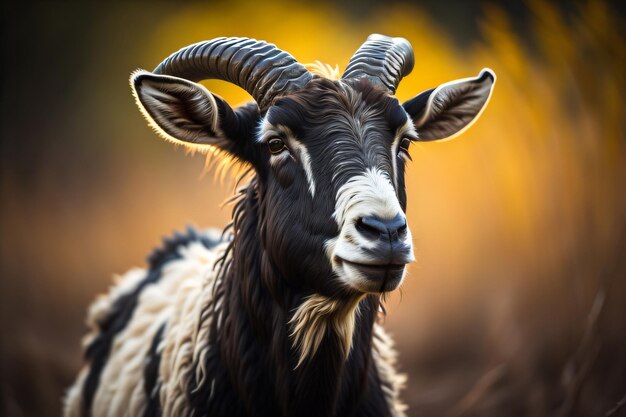 Un portrait d'une chèvre avec de grandes cornes.