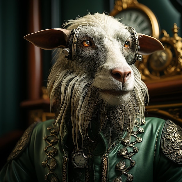 Le portrait d'une chèvre portant un cuir steampunk.