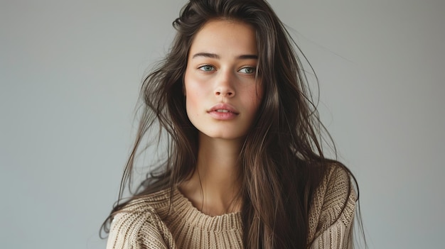 Un portrait chic du milieu du corps d'une femme brune aux cheveux longs coiffés d'une manière minimaliste illustration générée par l'IA