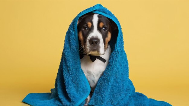 Photo portrait de chien américain du staffordshire prêt à prendre une douche enveloppé d'une serviette bleue