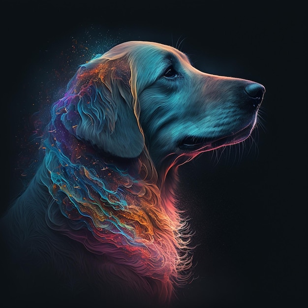 portrait de chien aux couleurs vives sur fond noir avec des lumières colorées