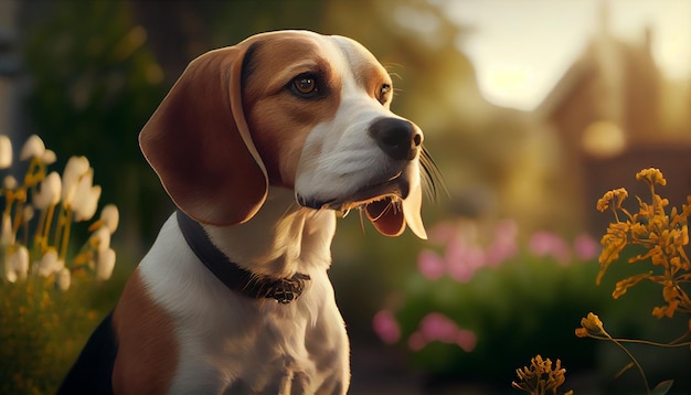 Portrait d'un chien beagle dans le jardin avec des fleurs ai génératives