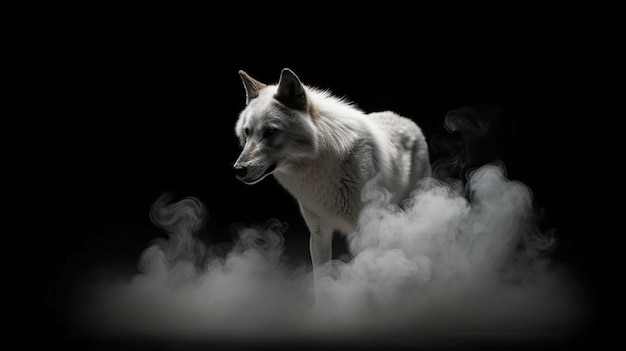 Portrait d'un chien de berger suisse blanc avec de la fumée sur fond noir ai générative