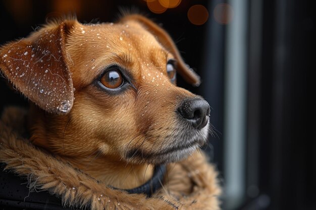 Portrait d'un chien brun à l'extérieur de la fenêtre attendant son propriétaire