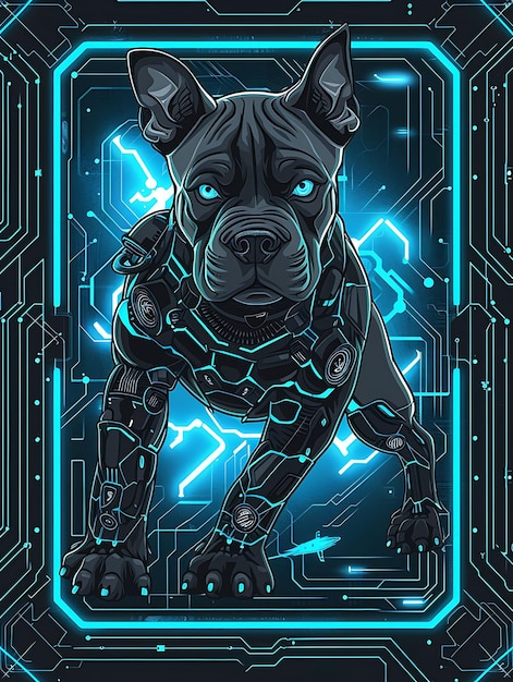 Portrait d'un chien bull terrier du Staffordshire avec un bras robotique brillant