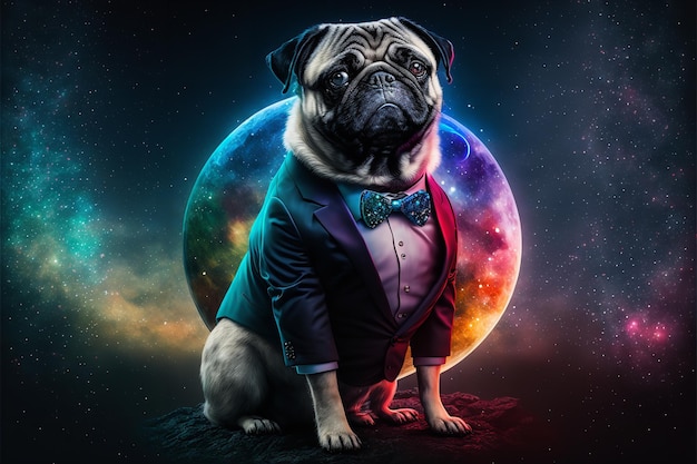 Portrait d'un chien carlin vêtu d'un costume formel Generative Ai