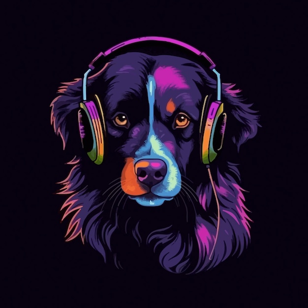 Portrait d'un chien avec un casque sur fond sombre