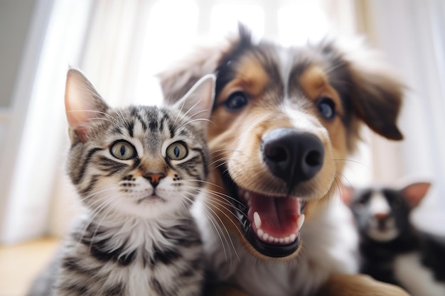 Portrait d'un chien et d'un chat regardant la caméra devant un fond blanc AI générative