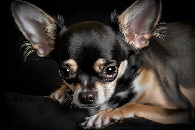 Portrait de chien Chihuahua sur fond noir Réseau de neurones généré par l'IA