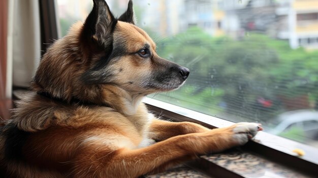 Photo portrait d'un chien contemplatif qui regarde par une fenêtre de pluie