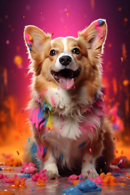 Portrait d'un chien Corgi orné de couleurs vives pour le festival Holi Pet Costume festif Photo