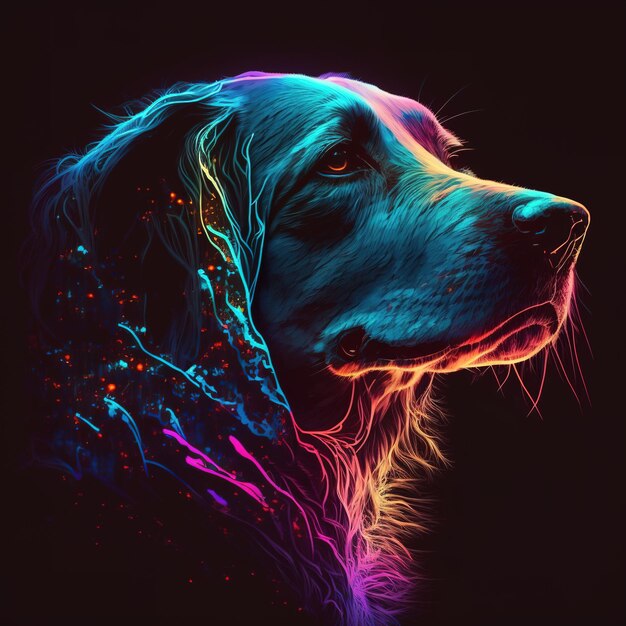 Portrait de chien avec des couleurs sur fond noir Technologie AI générative