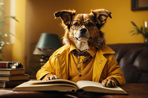 portrait de chien dans des lunettes tenant un livre ouvert ai génératif