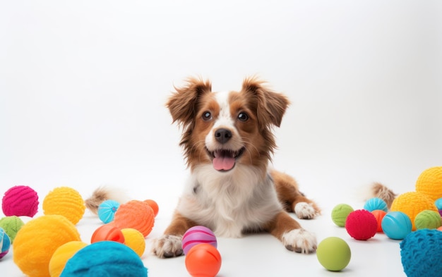 portrait de chien sur un fond blanc propre entouré de jouets pour chiens