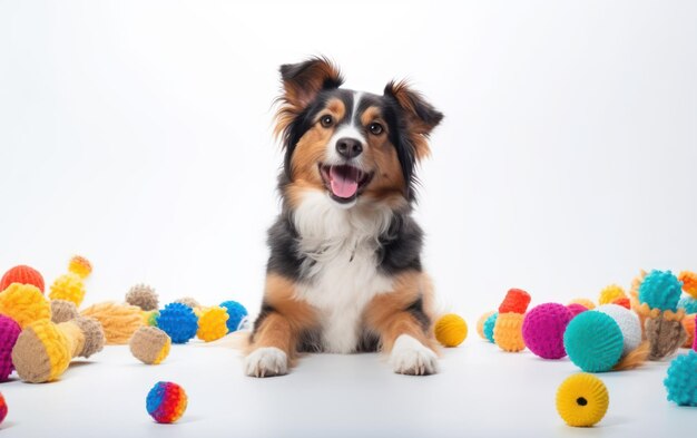 portrait de chien sur un fond blanc propre entouré de jouets pour chiens