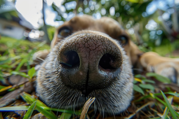 Portrait de chien en gros plan Animal amusant regardant dans la caméra Nas de chien Objectif grand angle