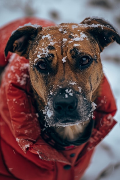 Un portrait d'un chien haute couture veste en tissu rouge neige rose sur le visage caractéristiques rustiques du visage