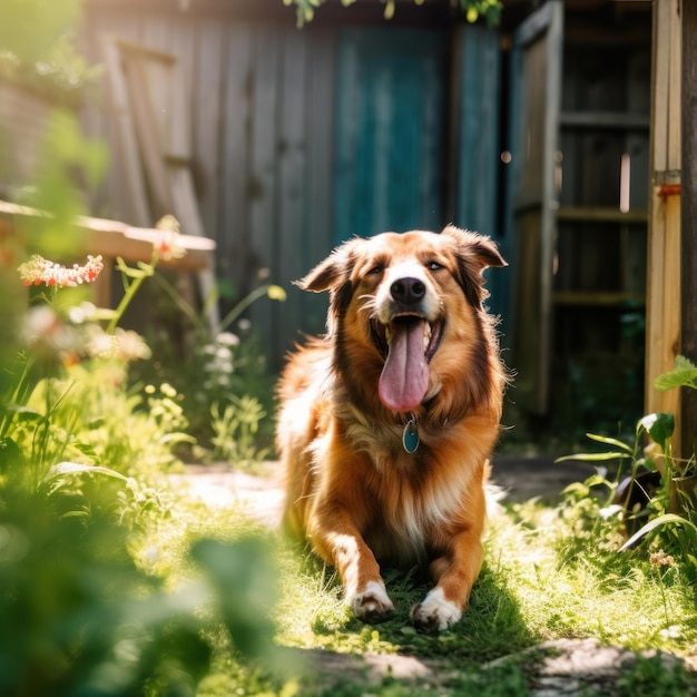 Portrait d'un chien heureux dans Sunny Yard