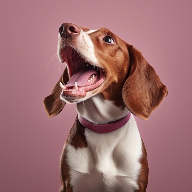 Portrait d'un chien heureux regardant la caméra avec la bouche ouverte sur un fond rose