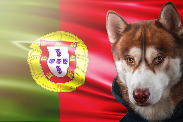 Photo portrait d'un chien husky rouge sur le fond du drapeau national du portugal