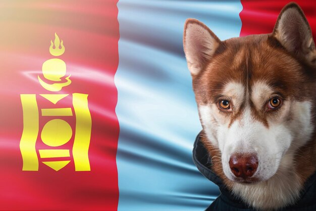 Portrait d'un chien husky rouge sur le fond du drapeau national de la Mongolie