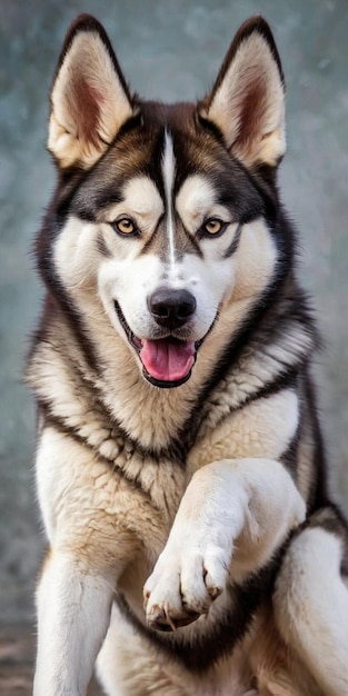 Portrait d'un chien husky sibérien sur un fond gris