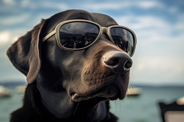 Portrait d'un chien labrador retriever portant des lunettes de soleil sur la plage