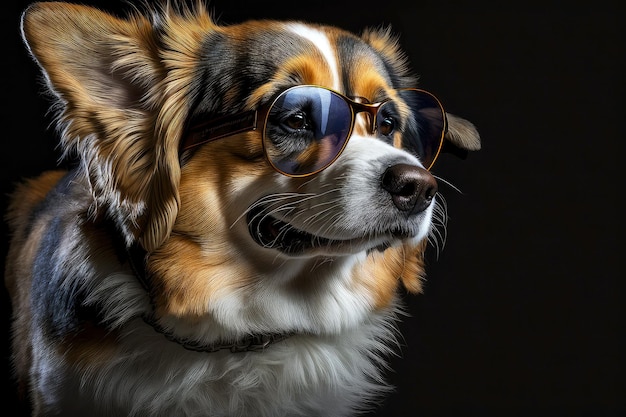 Portrait de chien avec des lunettes de soleil sur un fond sombre ai générative