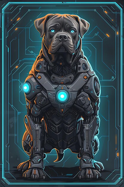 Portrait d'un chien mastiff avec un bras robotique, des yeux bleus brillants et une bannière d'affiche cyber Jetpa