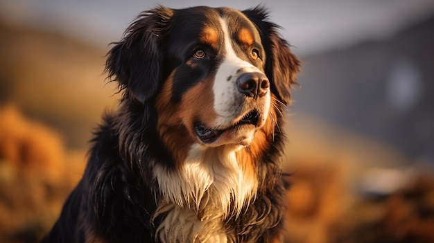 Portrait de chien de montagne bernois dans les montagnes