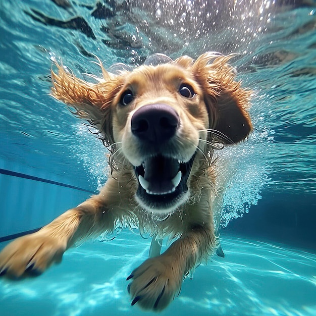 Portrait de chien nageant dans une piscine générative IA