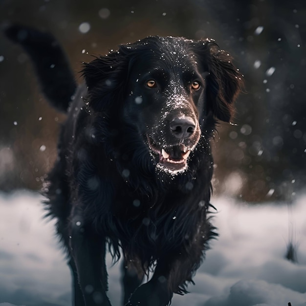 Portrait d'un chien noir dans la forêt d'hiver Mise au point sélective