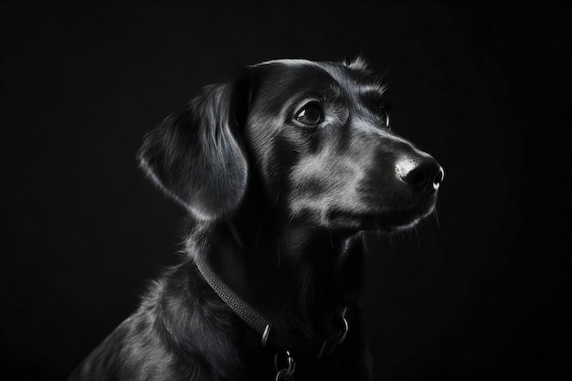 Portrait d'un chien noir sur fond noir tourné en studio