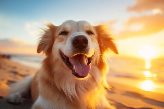 Portrait de chien sur une plage PetFriendly au lever du soleil Generative Ai