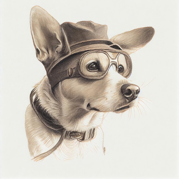 Photo portrait d'un chien portant des lunettes et une casquette de pilote dessin graphique noir et blanc ia générative