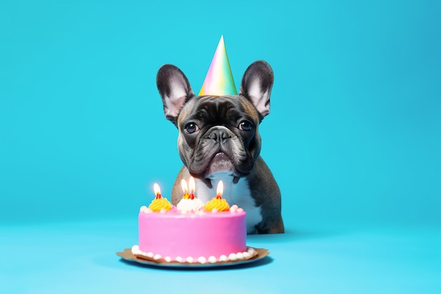 Portrait de chien de race bouledogue français dans un cône festif isolé sur fond bleu AI générative