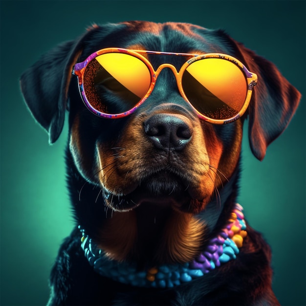 Portrait d'un chien rottweiler portant des lunettes de soleil isolé sur le fond