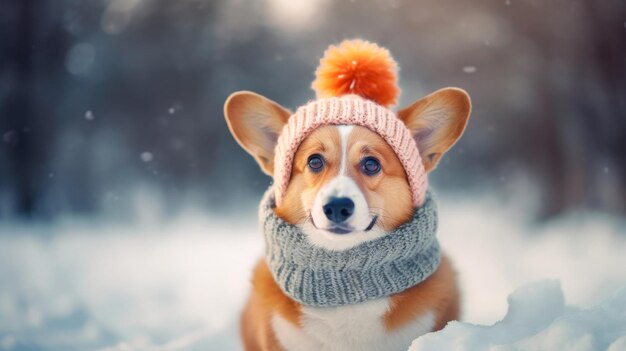 Portrait d'un chien rouge d'hiver marchant dans la neige Chien en bonnet et écharpe généré ai