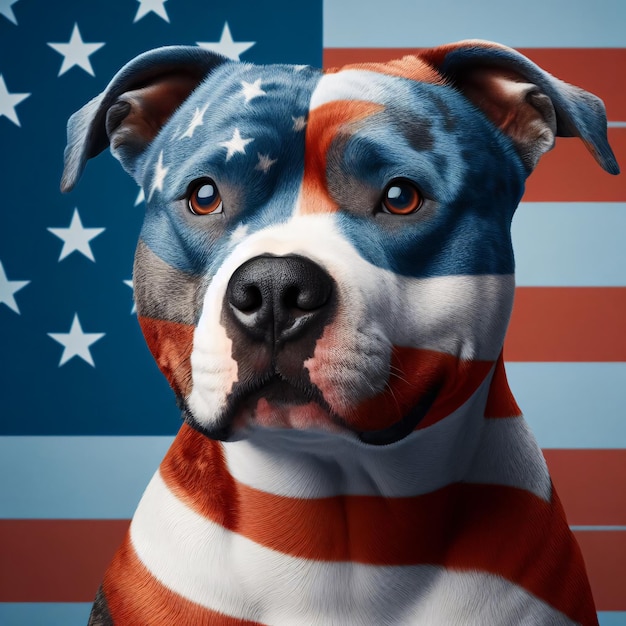 Portrait de chien Staffordshire Terrier américain avec drapeau américain en arrière-plan