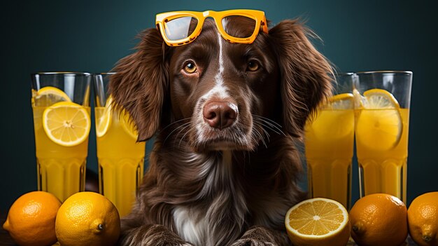 portrait de chien avec des verres de champagne