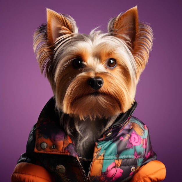 portrait d'un chien avec une veste dans le studio sur un fond rose