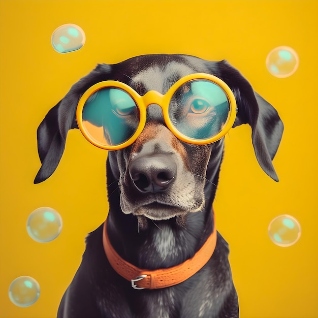 Portrait de chien Vibes des années 50 portant des lunettes hipster