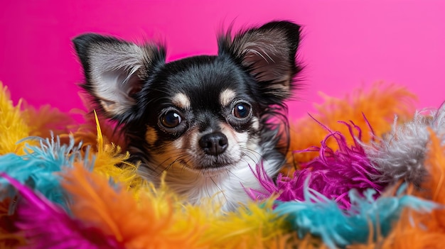 Portrait d'un chihuahua entouré de jouets à plumes vibrants sur un fond rose