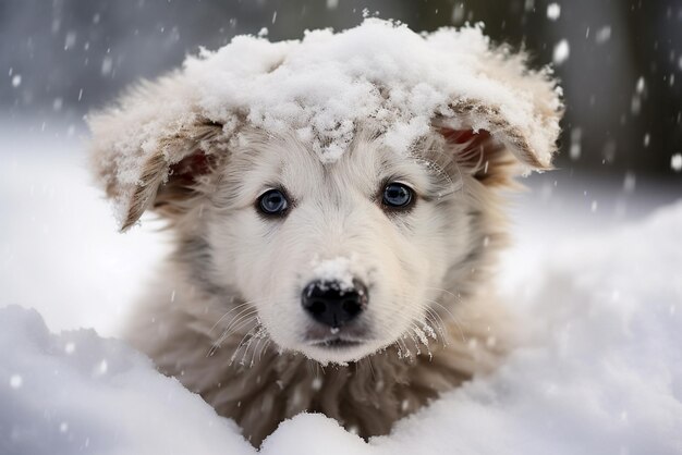 Photo portrait d'un chiot couvert de neige