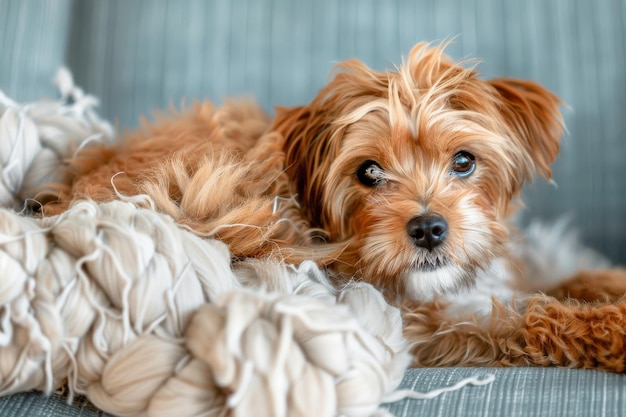 Portrait de chiot mignon Chien avec de la fourrure allongé sur le canapé Petit chien à fourrure et beaucoup de laine au printemps annuel