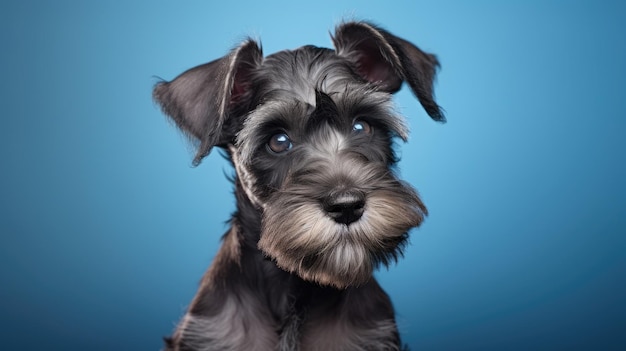 Portrait d'un chiot de schnauzer d'un an sur fond bleu avec un espace de copie