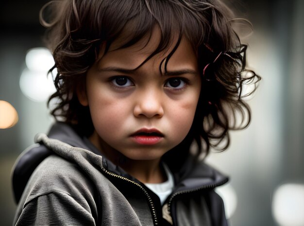 Portrait cinématographique d'un enfant en colère avec une lumière artificielle détail maximum génératif AI généré