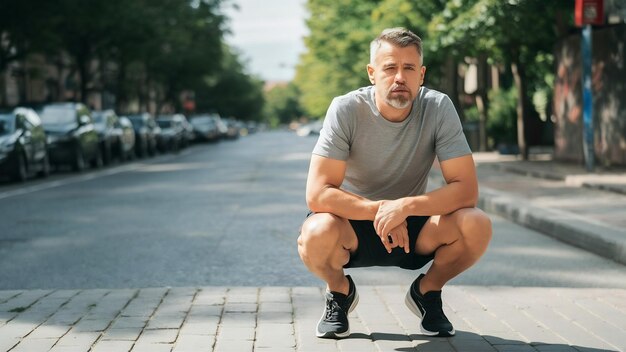 Photo portrait d'un citoyen fatigué épuisé après un jogging matinal dans la rue